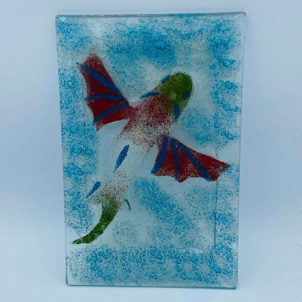 Vintage Fused Art Glass Tray Flying Fish Koi Textured Trinket Dish Serving Plate